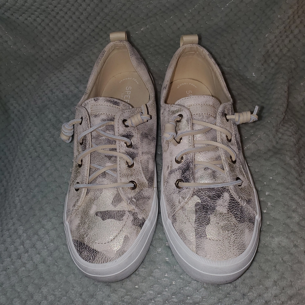 Sperry Womens Crest Vibe Camo Silver Metallic Shoes Top-Siders Memory Foam- 9